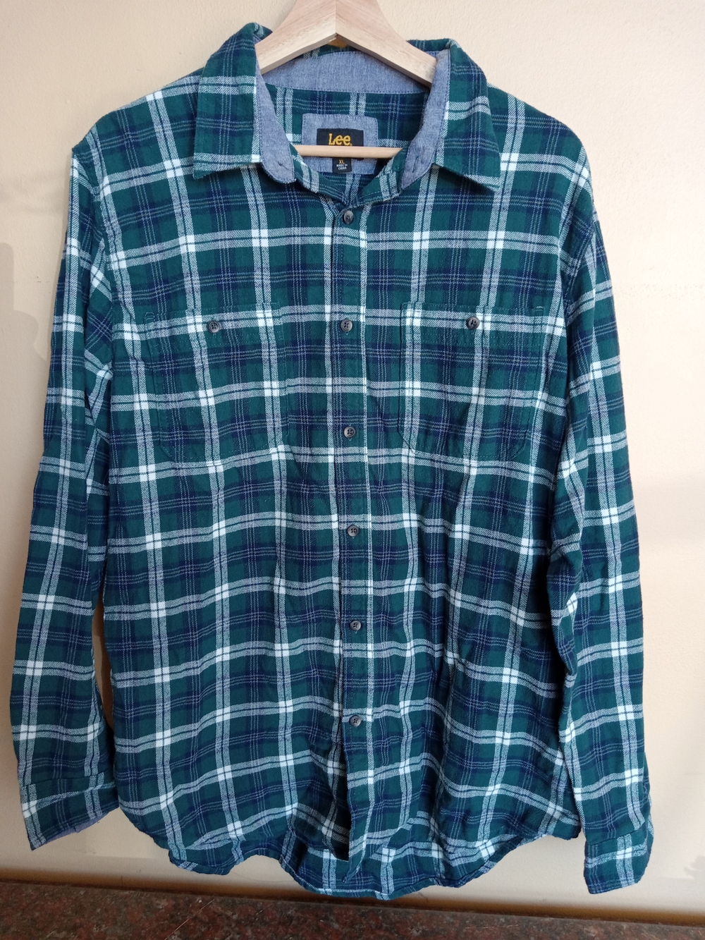 Lee Men's Teal and White Plaid Button-Down Shirt